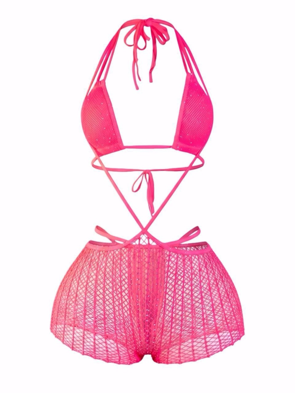 Neon Pink Rhinestone Mesh Short Set - One Size